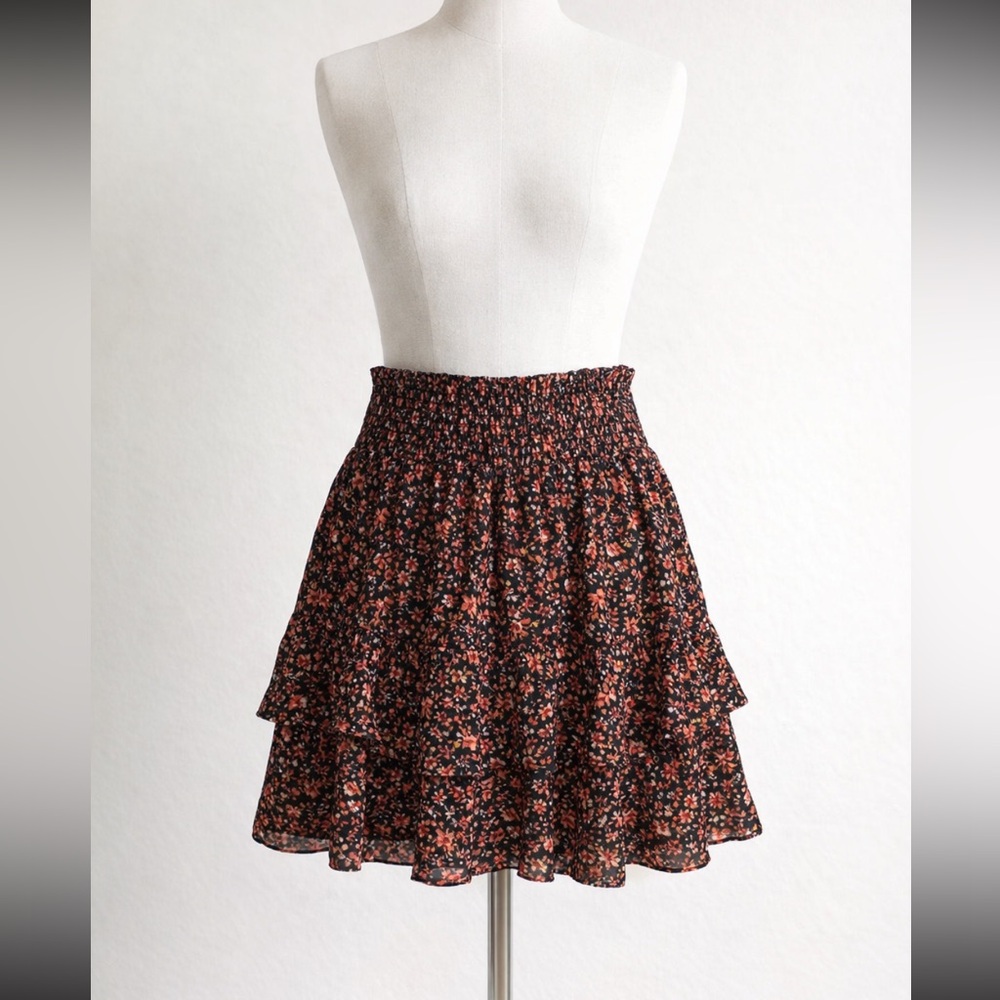 Black and red floral flare skirt